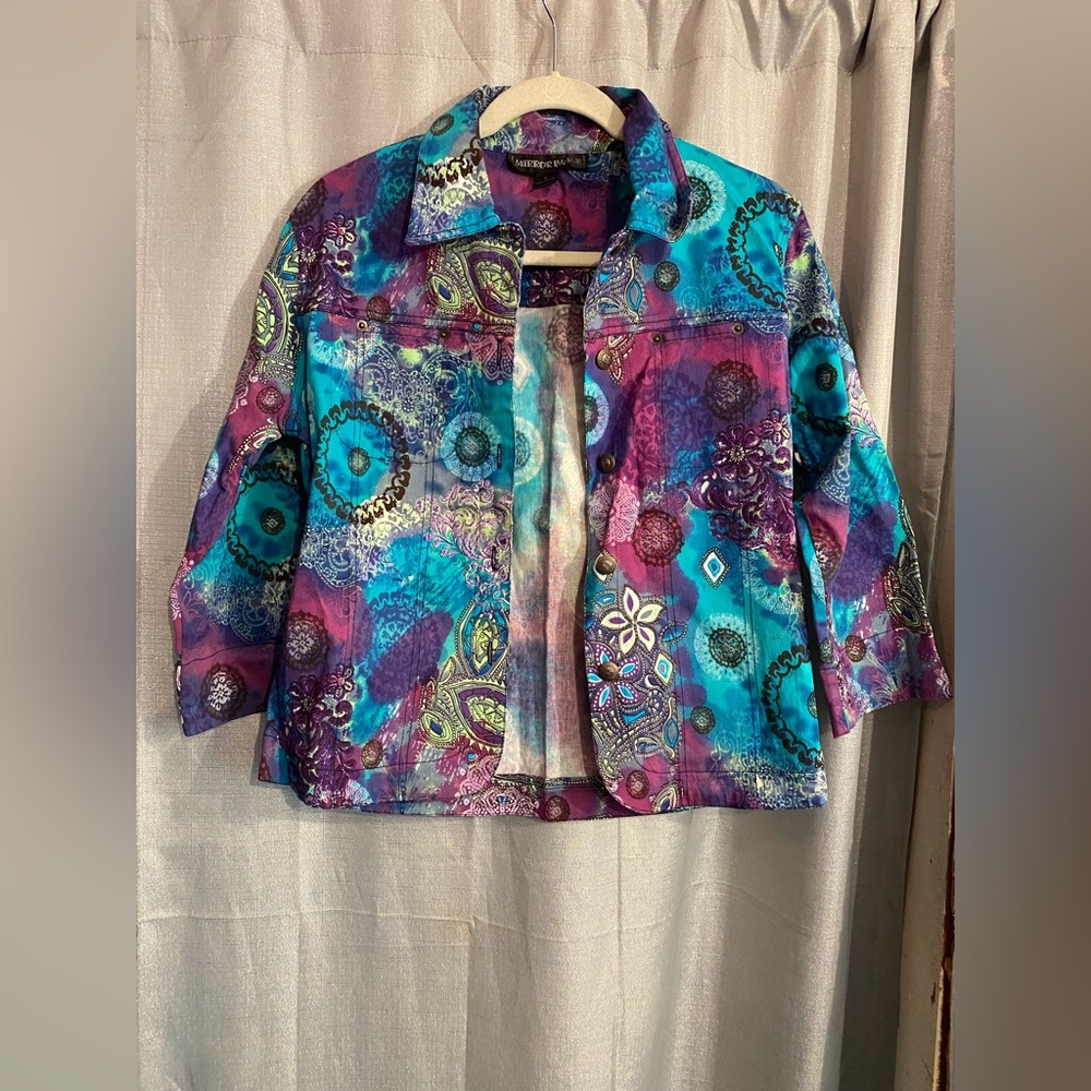 Mirror image Blue and Purple Abstract jacket with Metallic Sheen size small